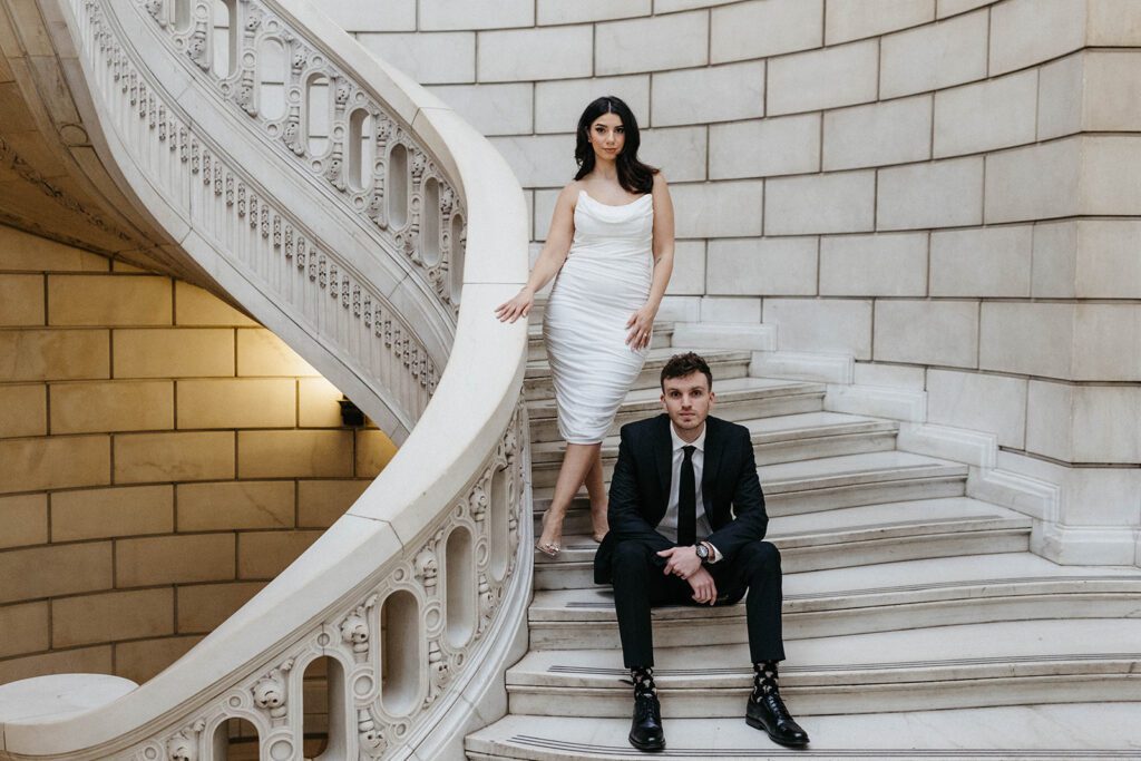 couple on staircase of the old courthouse in Cleveland ohio