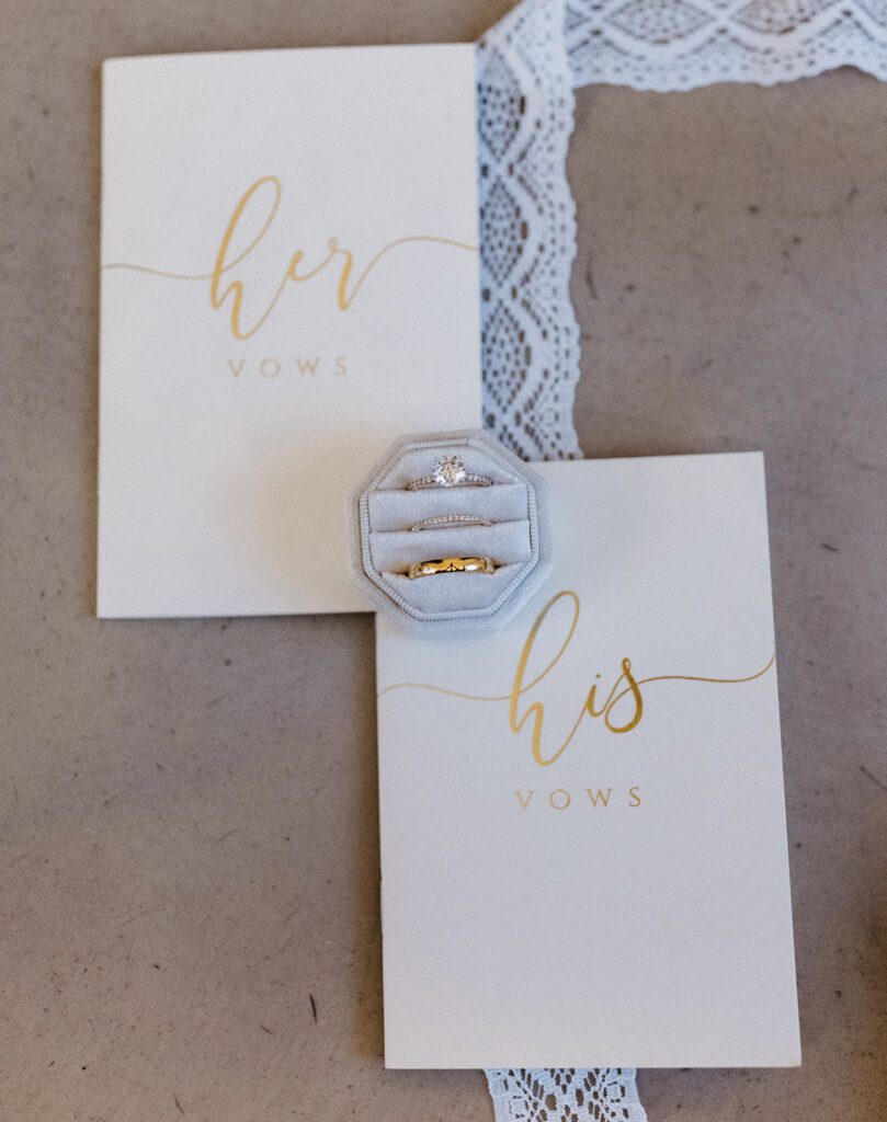 wedding details flatlay photos ring and vows