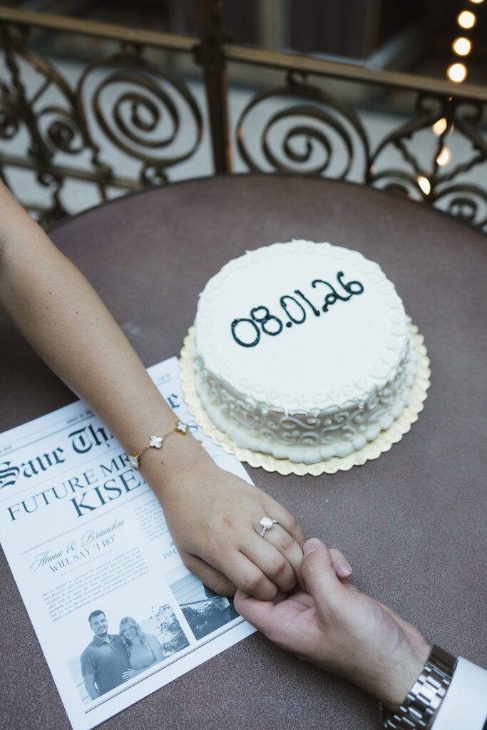 downtown cleveland engagement session with cake