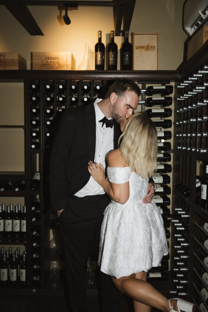bride and groom photos in wine cellar